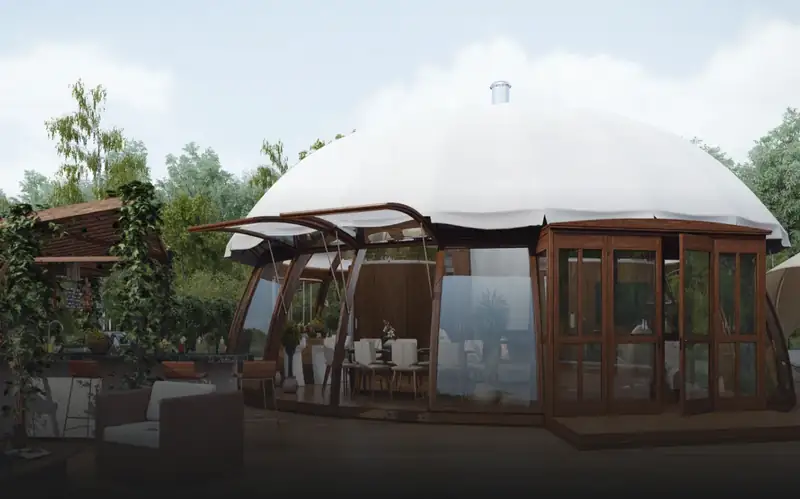 Empiro 12m Lippulaiva modulaarinen paviljonki – puukaarirakenne ja pleksilasi-ikkunat